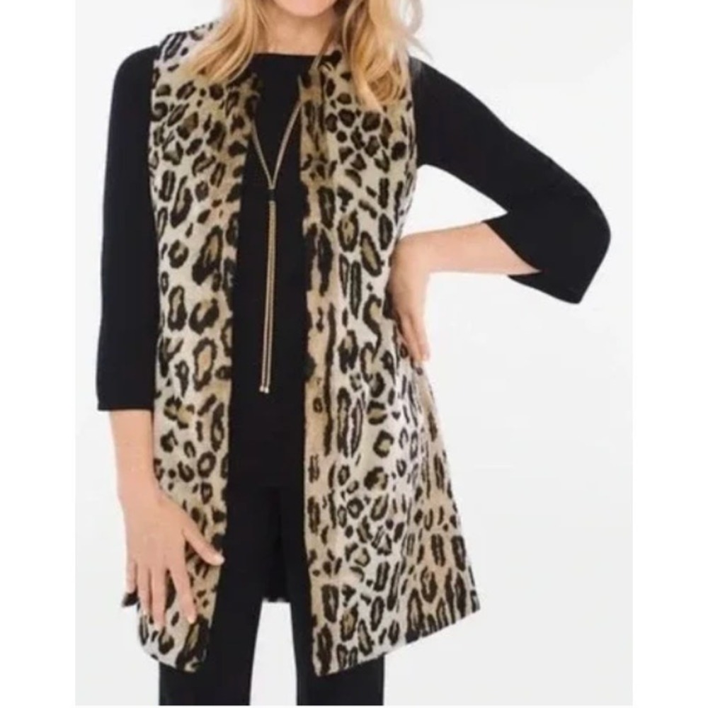 Chico's Vest Womens XL Faux Fur Open Jacket Long Comfy Leopard Print Side Slits - Picture 2 of 10
